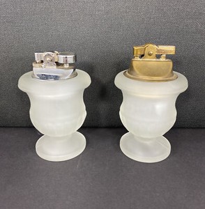 Vintage Frosted Satin Glass Tabletop Cigarette Lighter Set Brass Crome