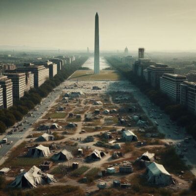 Post Apocalyptic American City Washington DC Monument Shanty Aerial Poster Art