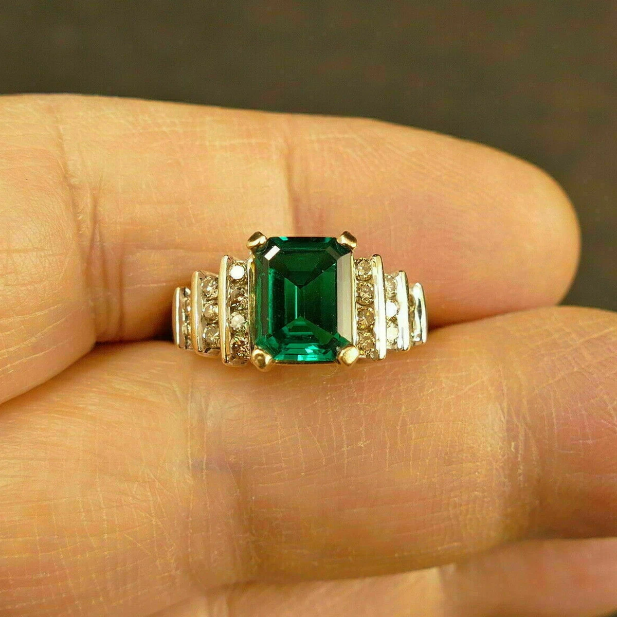 3Ct Emerald Cut Green Emerald Diamond Engagement Ring In 14K Yellow Gold Finish