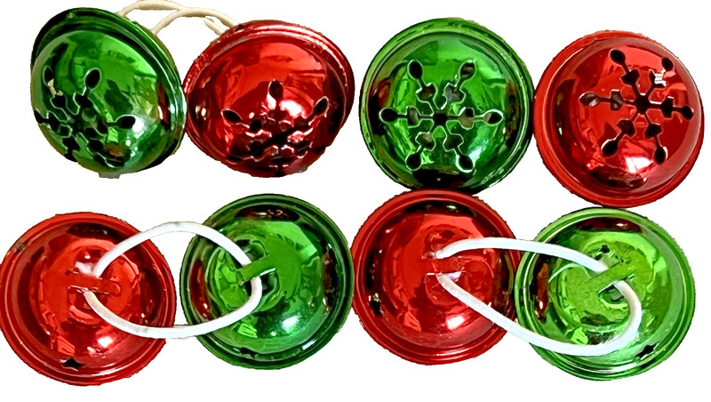 VTG Lot of 4 Metal Jingle Bell Ornaments Snowflake Star Cutouts Red & Green 1.5"