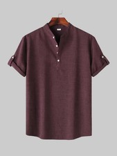 Men's Casual Linen-Look Mandarin Collar Short Sleeve Shirt