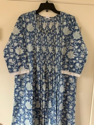 100% Cotton Handblocked Dress LARGE Made in India Blue & White