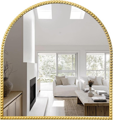 33''X 31''Arched Bathroom Mirror, Antique Gold Wall Mirror Metal Beaded Frame for