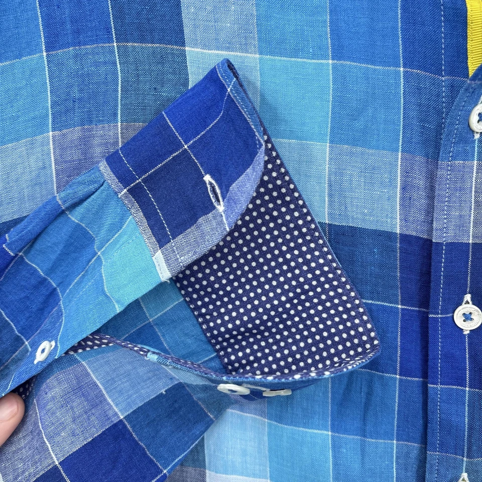 Bugatchi Uomo Shirt Mens XL Blue Plaid Linen Shaped Fit Button Front Flip Cuffs - Image 3 of 4