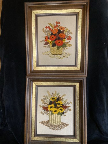 1970s Crewel Embroidered Fall Bouquets Framed Set 4 VTG Wood W/Gold Trim Frame