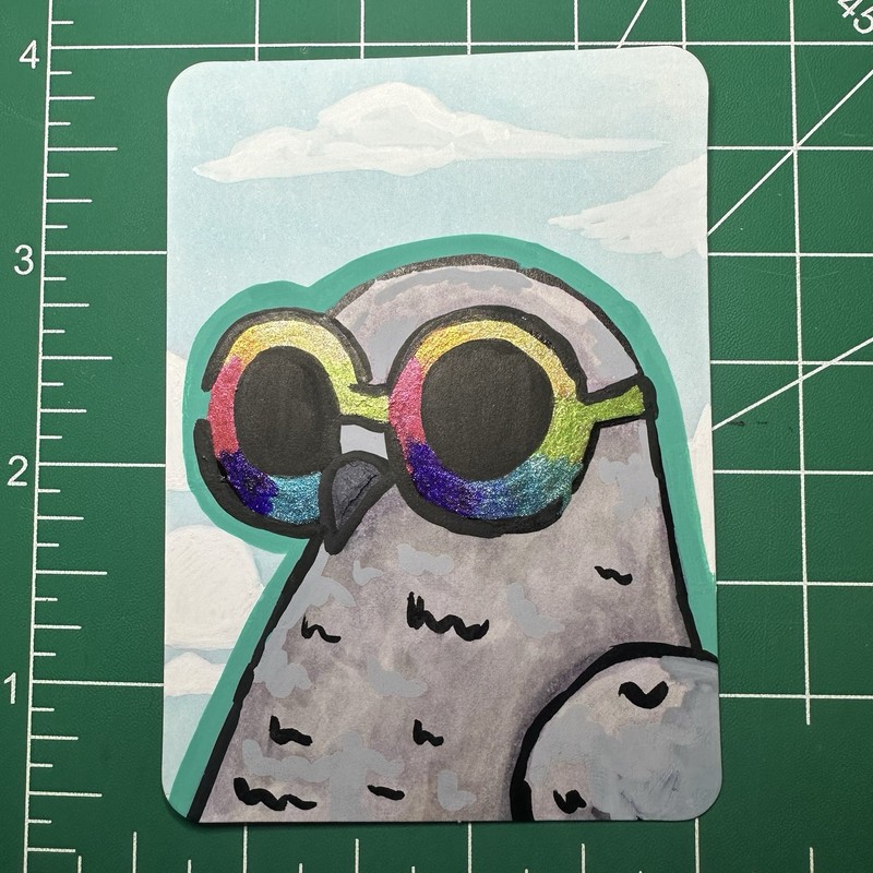 ACEO Original Art Card, Mini Painting of a Pigeon Wearing Rainbow Sunglasses