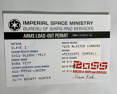 Slave I Arms Loadout Permit Boba Fett Star Wars Bounty Hunter Code Vault Edition