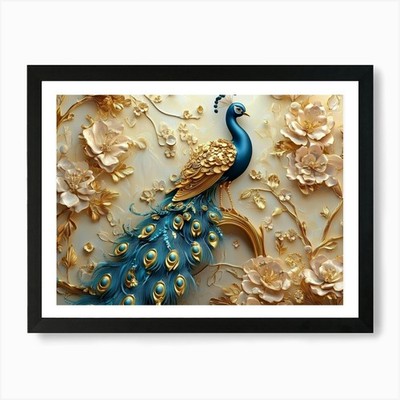 3D Kunstwerk Pfau mit goldenem J gerahmtes Wandbild Poster Leinwanddruck Bild