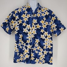 Vintage Royal Creations Hawaiian Shirt Blue Plumeria Floral Button Up Large
