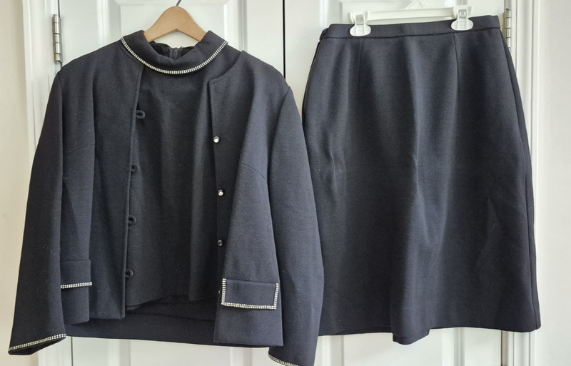 Women's Vintage 3-Piece Black  Wool Suit-Rhinestone Trim-Jacket/Top/Skirt- SZ 16