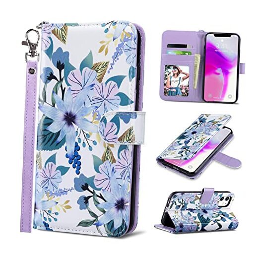 Compatible with iPhone 11 Wallet Case with Card Holder, PU Blossom Blue