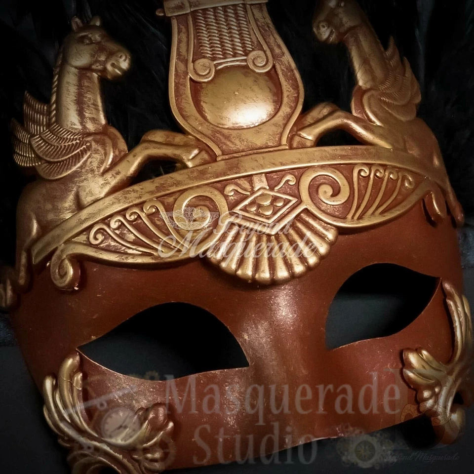 Mens Hercules Roman Warrior Feathered Venetian Masquerade Mask [Red/Gold] - Image 4 of 4