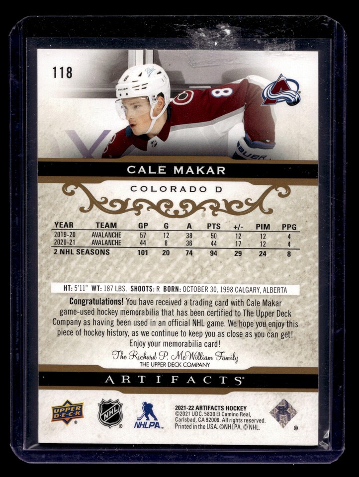 2021 22 Ud Artifacts 118 Cale Makar Autumn Patches 32199 Avalanche Ebay 