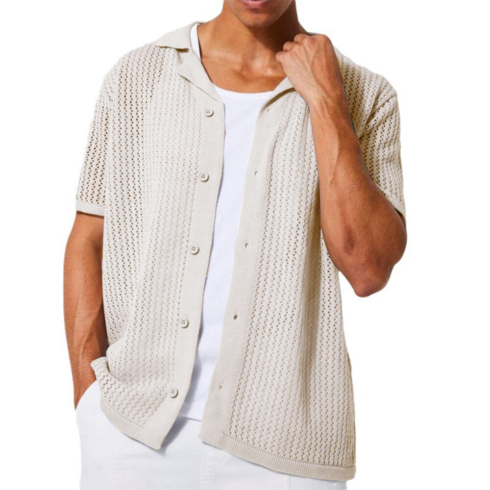 Men's Casual Knit Shirt Summer Solid Color Hollow Beach Breathable
