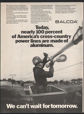 Alcoa Aluminum 1977 Print Ad Electric Power Lineman In Bucket