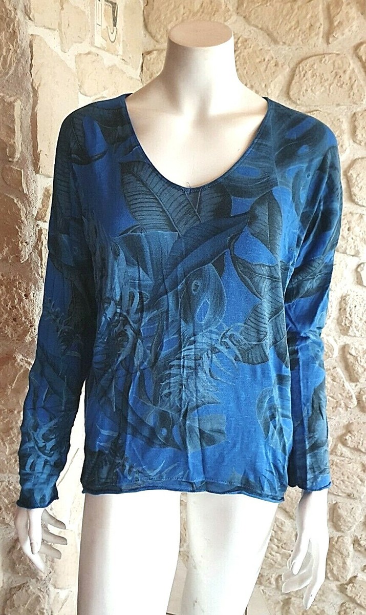 Tee shirt bleu à motif feuille neuf Lacomy taille unique 100