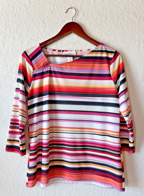 Peck & Peck Bright Colored Striped Shirt With 3/4 Sleeves - Women Medium