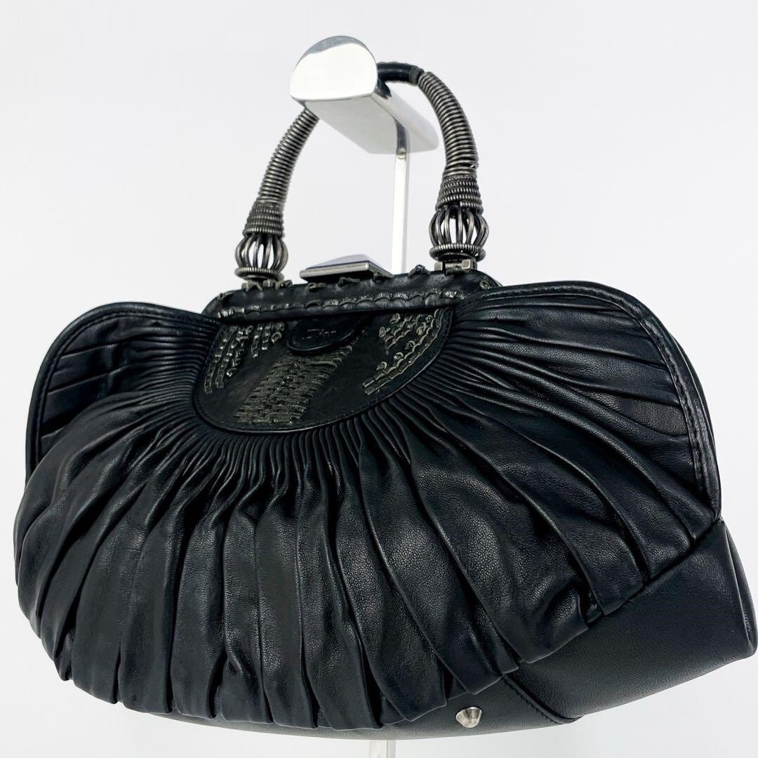 Black Leather Plissé Tote Bag with Metal Handles Authentic JPN Excellent+-image