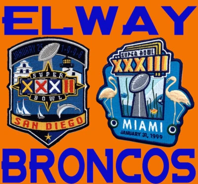 (2) DENVER BRONCOS John Elway SUPER BOWL PATCHES Willabee Ward SB PATCH 32 & 33 - Image 1 of 3