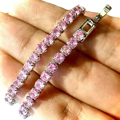 Pink Cz 18k White Gold Plated Tennis Bracelet Created 7.5 inch 3MM Women - Picture 3 of 7