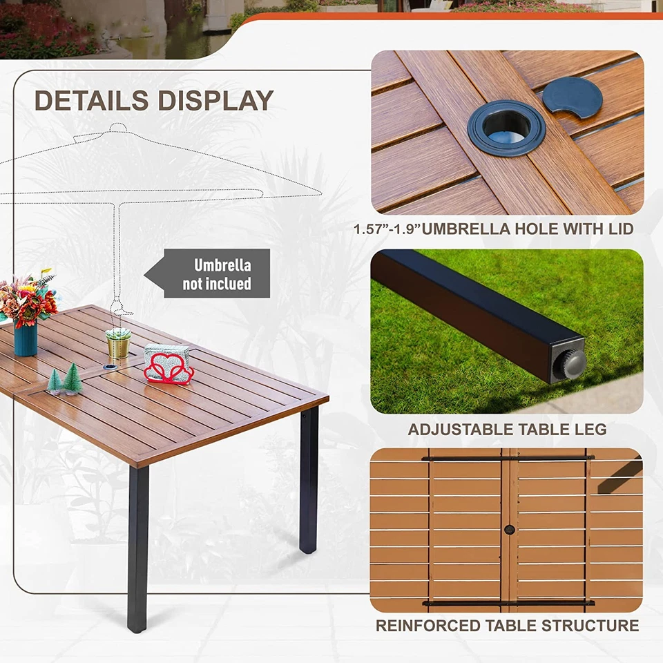 Juego de comedor de patio exterior de 7 piezas mesa tipo madera con orificio para sombrilla 6 sillas marrón Foto 4 de 4