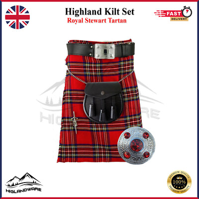 Herren Highland schottisches Outfit 6-teiliges Set, Royal Stewart Tartan Kilt Gürtel, Brosche