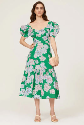 Tanya Taylor Women Green Floral Square Neck Puff Sleeve Midi Dress Size 6 |  eBay