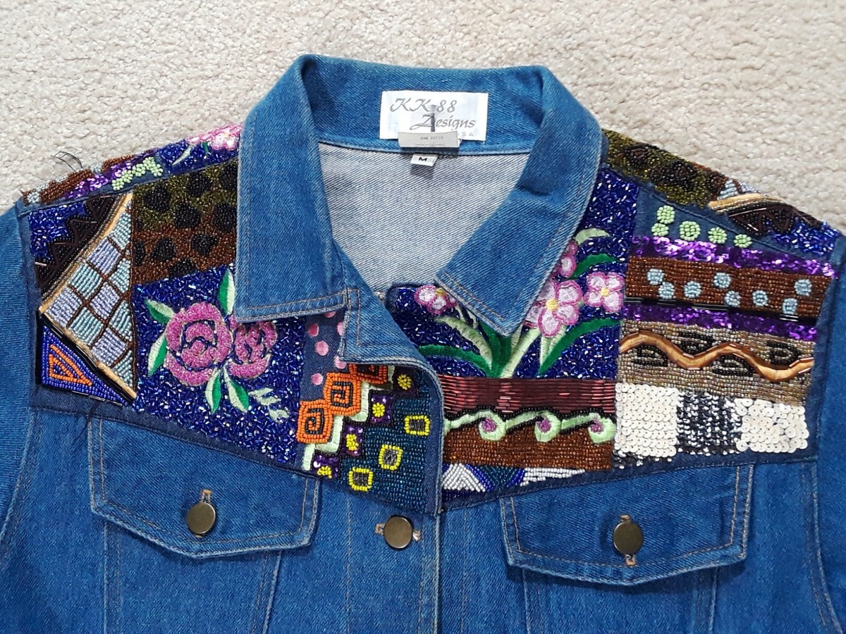 Vtg KK 88 Designs Beaded Blue Floral Geometric Jacket Medium
