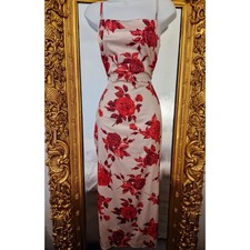 Rose Print Satin Midi Dress – Spaghetti Strap Bodycon (Approx. UK 12 / Medium)