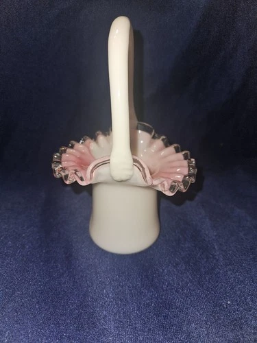 Fenton White And Pink Ruffled Glass Basket