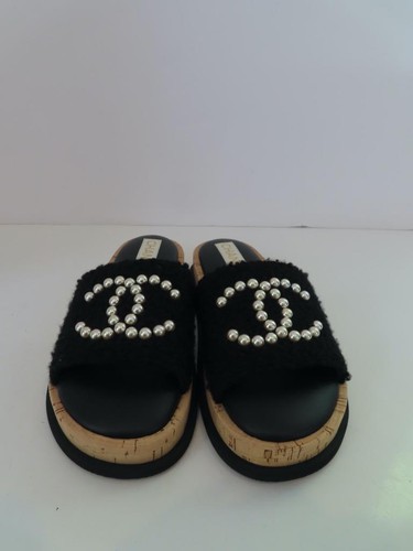 Nuevo sin caja Chanel Terry Negro/Perla Imitación Logo CC Diapositivas Talla 38/US 8 - Imagen 3 de 12