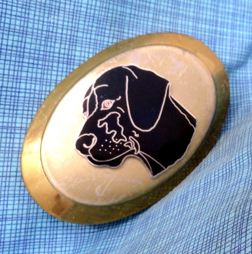 Black Lab Belt Buckle Bird Dog Hunting Enameled Sportsmans Buddy Vtg 80s .GMP909