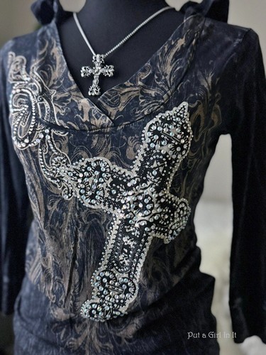 USA VOCAL Womens CRYSTAL MINERAL BLACK CROSS SLOUCH HOODIE SHIRT S M L XL Y2K - Picture 3 of 4