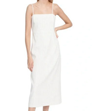 Theory Pinstripe White Linen Blend Sleeveless Midi Dress Square Neck sz 0
