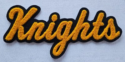 ''Knights'' Script Patch  gold chenille on black felt single felt 3x10 New Sports
