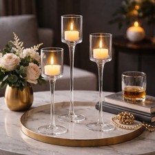 Set of 3 Tall Clear Glass Tealight Candle Holders Stem 20 23 26cm