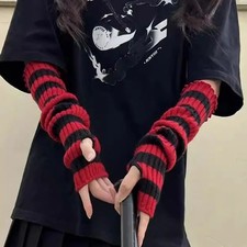 Red Striped Fingerless Gloves Women Winter Warm Arm Sleeve Knitted Arm Warmer Fi