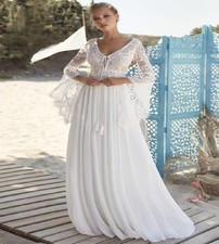 Bohemian White Lace Chiffon Wedding Dresses V Neck Bell Sleeve Beach Bridal Gown