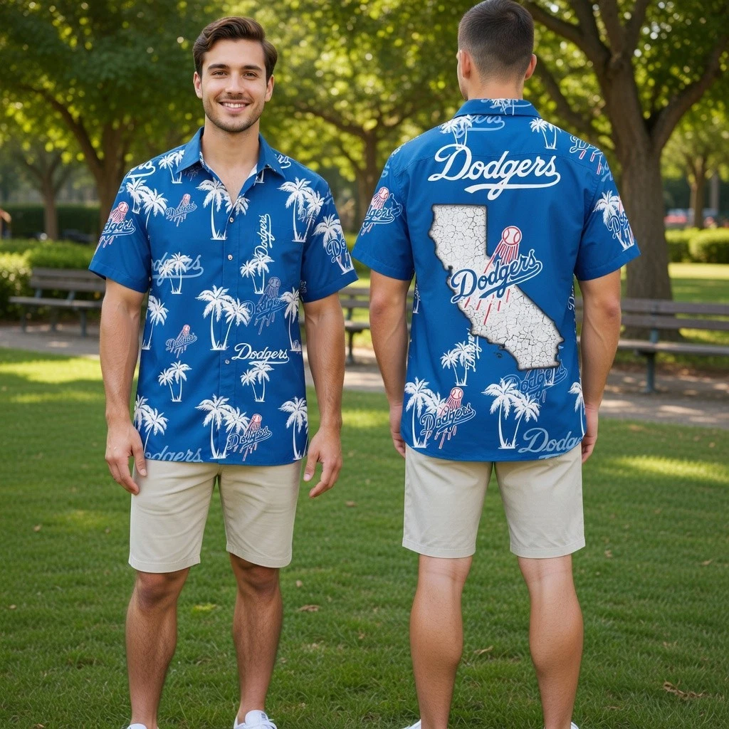 Blue White Baseball Palm Tree Hawaiian Shirt Aloha Shirt Summer Beach