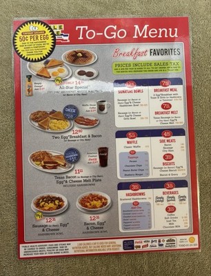 2024 WAFFLE HOUSE  TO-GO MENU WITH TEMPORARY SURCHARGE STICKER $.50 PER EGG. 