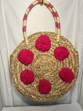 Mud Pie Round Woven Tote w/ Pink Pom-Poms, Ma...