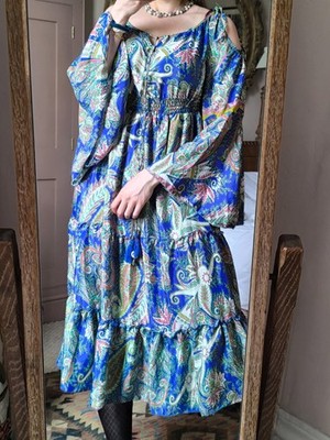 Chic Boho 100% Art Silk Paisley Maxi Dress Tiered Shirred Vintage 10 12 14