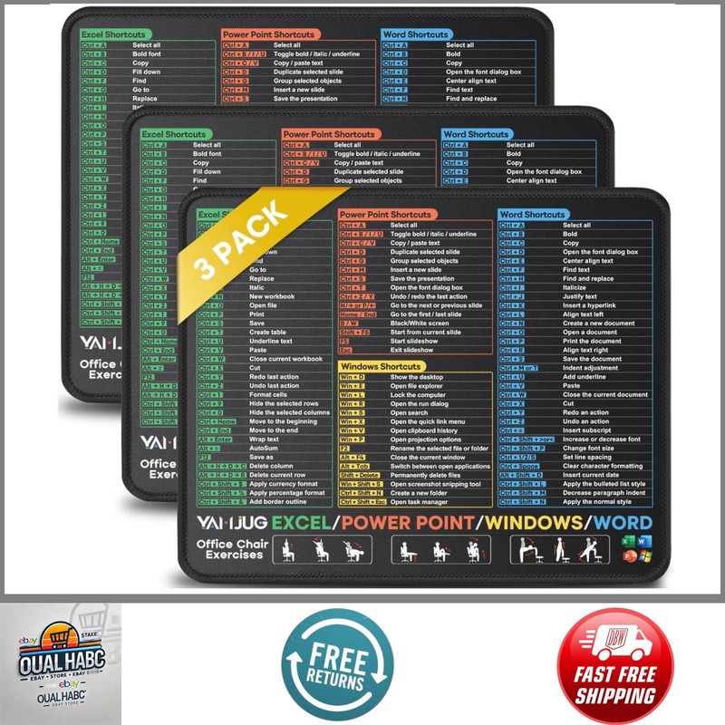 3 Pack Mouse Pad Excel Word PowerPoint Windows Shortcuts Cheat Sheet Mat Desk