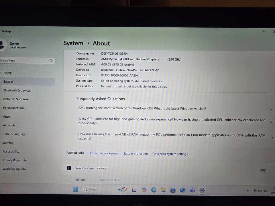 HP ProBook 445 G7 AMD Ryzen 3 4300U 2.7GHz Laptop 4GB RAM 128GB SSD Windows 11 - Image 3 of 4
