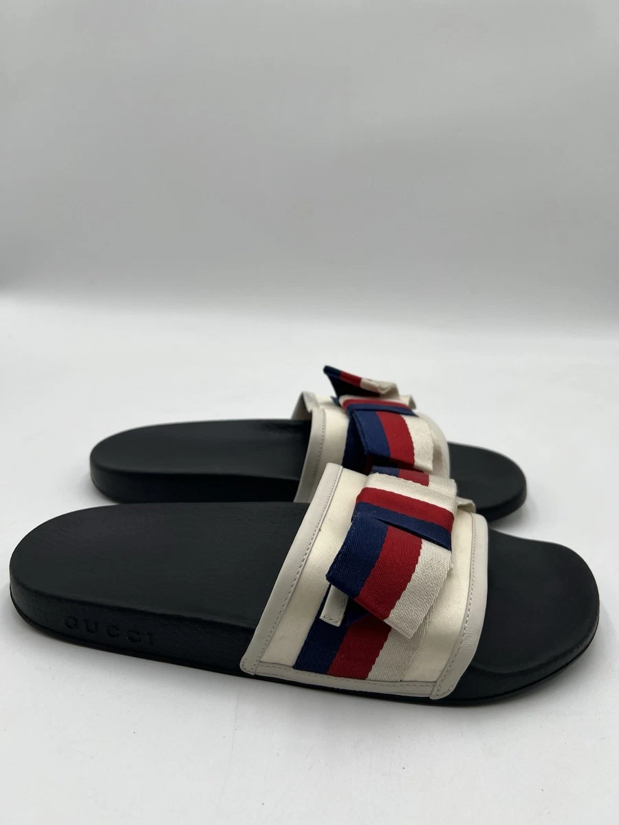 Gucci Red Bow Slide Sandals Gucci Satin Web Sylvie Bow Slide Sandals 38 White 1743848  main image 2