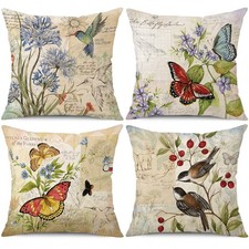 Set of 4 18x18 Spring Summer Throw Pillow Covers Linen Flower Butterfly Bird