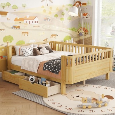 Full Size Wood Platform Bed for Kids, Wood Low Profile Full Bed with Rails