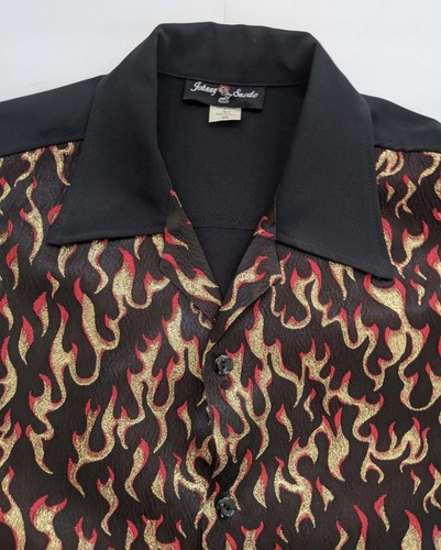 Vintage Johnny Suede Shirt Mens black 2XL Y2K flames Button Up short sleeve - Picture 3 of 3