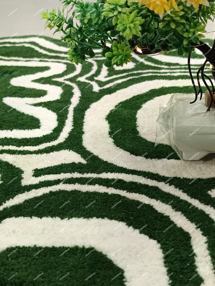 Green & White Amoeba Irregular Shape Hand Tufted Rug Wool Area Rug Custom Size - Image 3 of 4