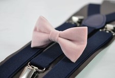 Blush Dusty Pink Velvet Bow tie Navy Blue Elastic Suspenders for Men Youth Boy